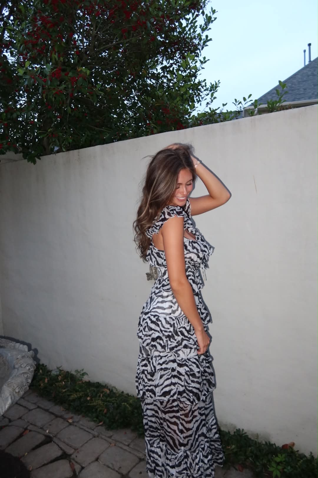 Luxury zebra chiffon maxi dress with gold thread
Designer ruffle dress for vacation and events