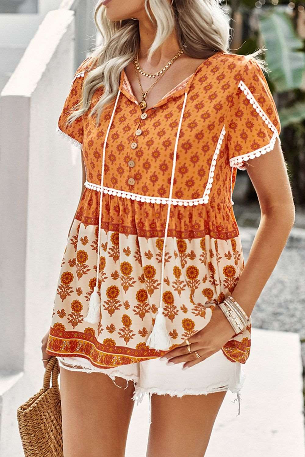 Bohemian Tie Neck Buttoned Blouse