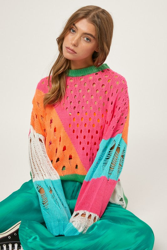 Retro Love Color Block Distressed Sweater