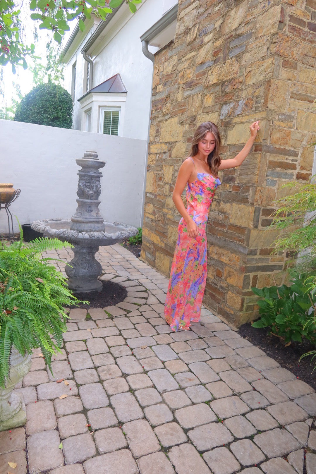Valentina silk dress in Oily Flowers print by Strawberry Paris with pleated bodice and tie-back detail.