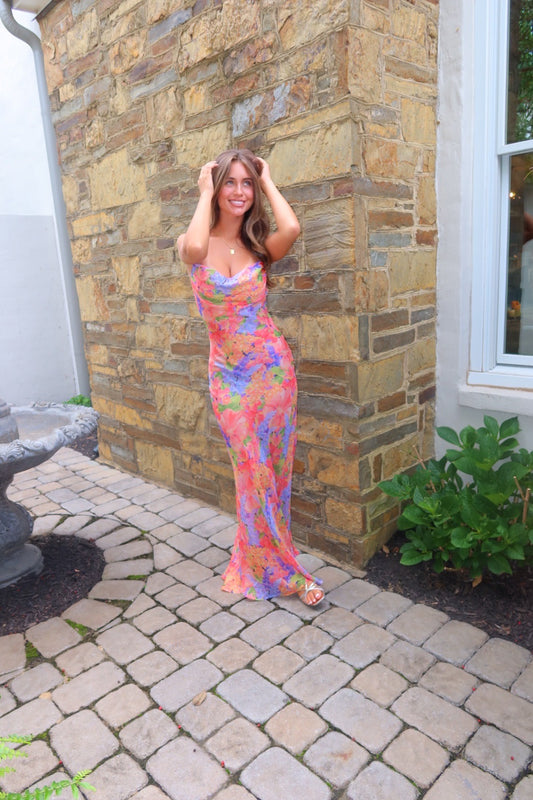 Valentina silk dress in Oily Flowers print by Strawberry Paris with pleated bodice and tie-back detail.