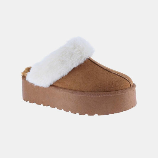 Platform Fur Slippers in Tan