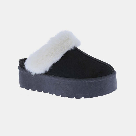 Platform Fur Slippers in Black