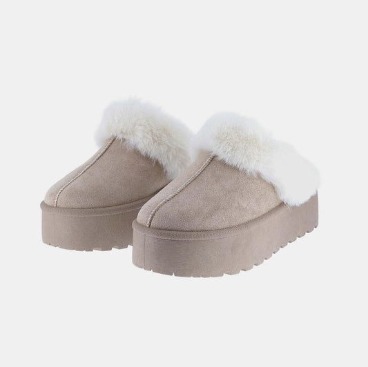 Platform Fur Slippers in Taupe