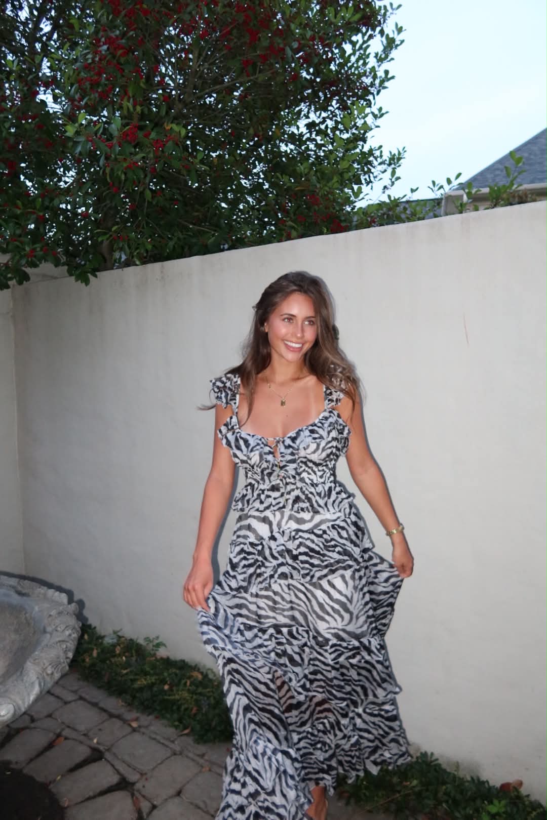Luxury zebra chiffon maxi dress with gold thread
Designer ruffle dress for vacation and events