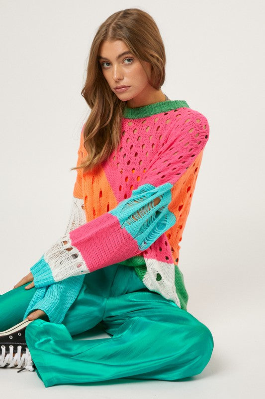 Retro Love Color Block Distressed Sweater